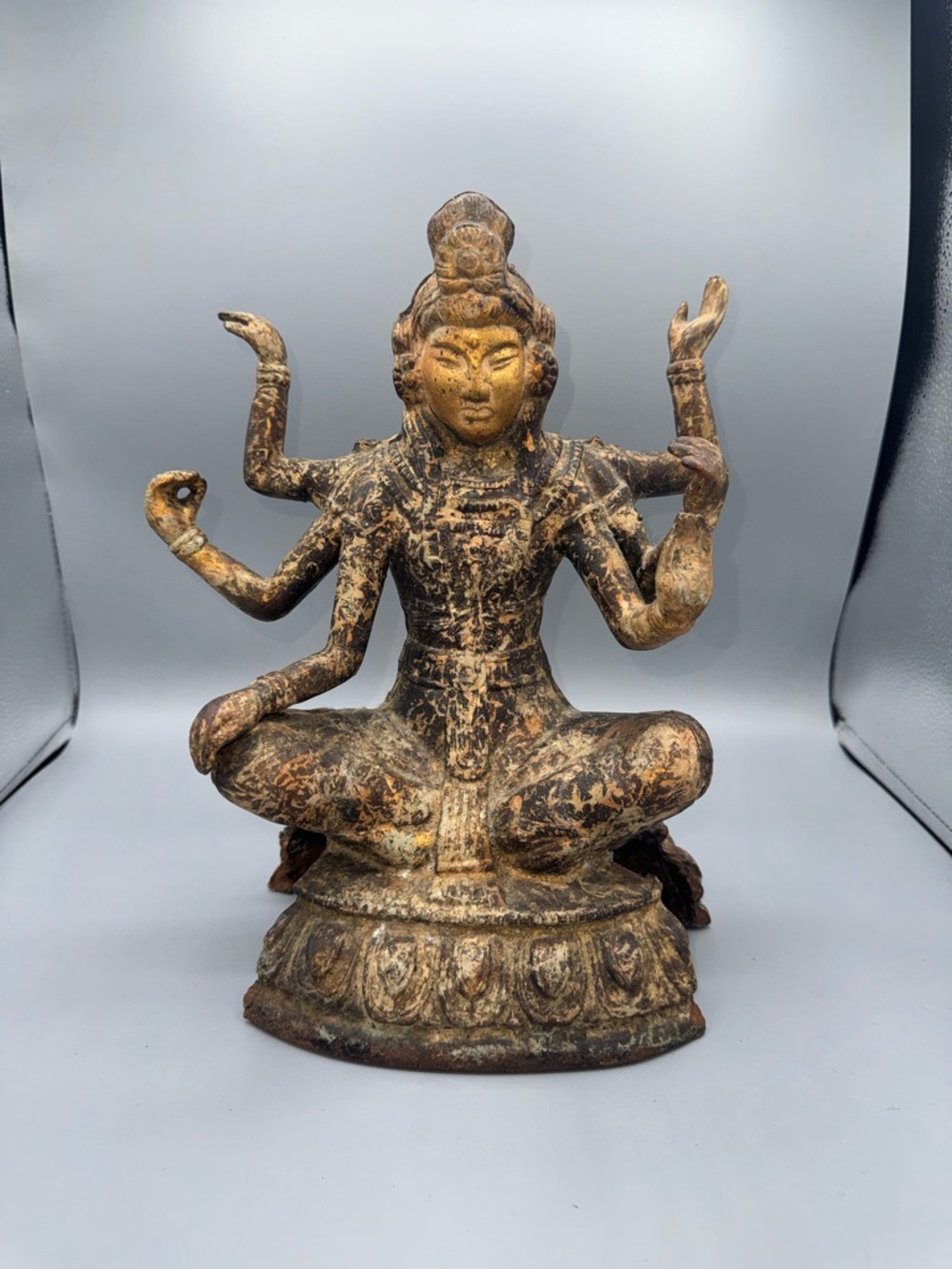 20th Century Asian Gilded Cast Iron 6-Arm Deity Vasudhara Buddhist Sculpture